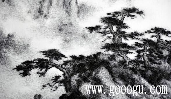 亂針繡精品，風景蘇繡畫，手工刺繡風景畫，黃山云海