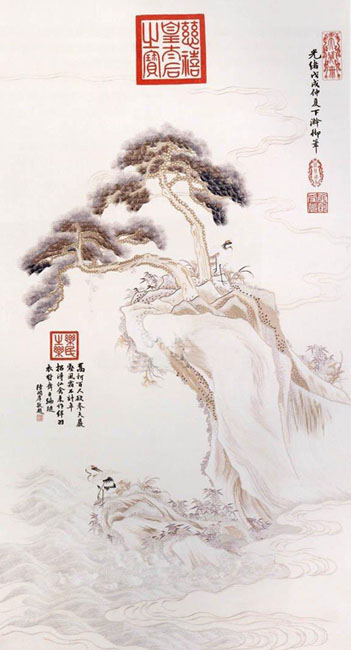 刺繡慈禧印松鶴圖（軸）,宮廷繡品，皇家刺繡品