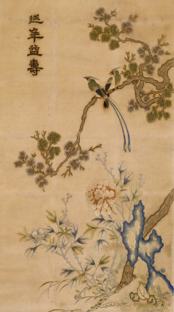 刺繡牡丹綬帶圖(軸),延年益壽,祝壽題材蘇繡,道光年間刺繡,宮廷繡品